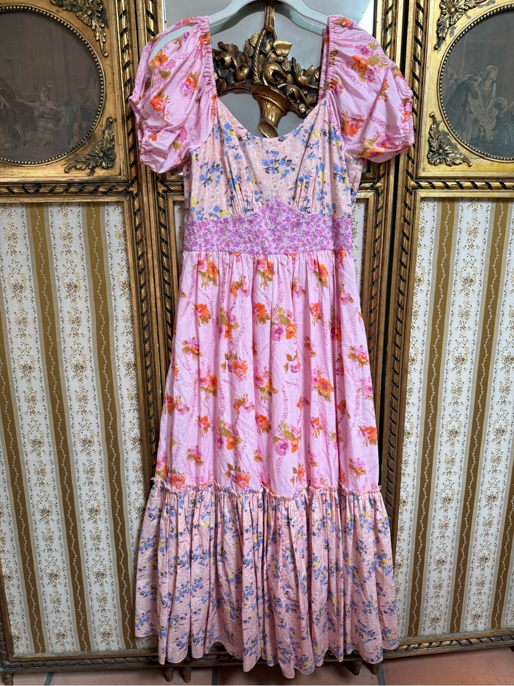 LoveShackFancy Angie Dress Midi Pink Floral Floral Puff-Sleeve XS NWOT